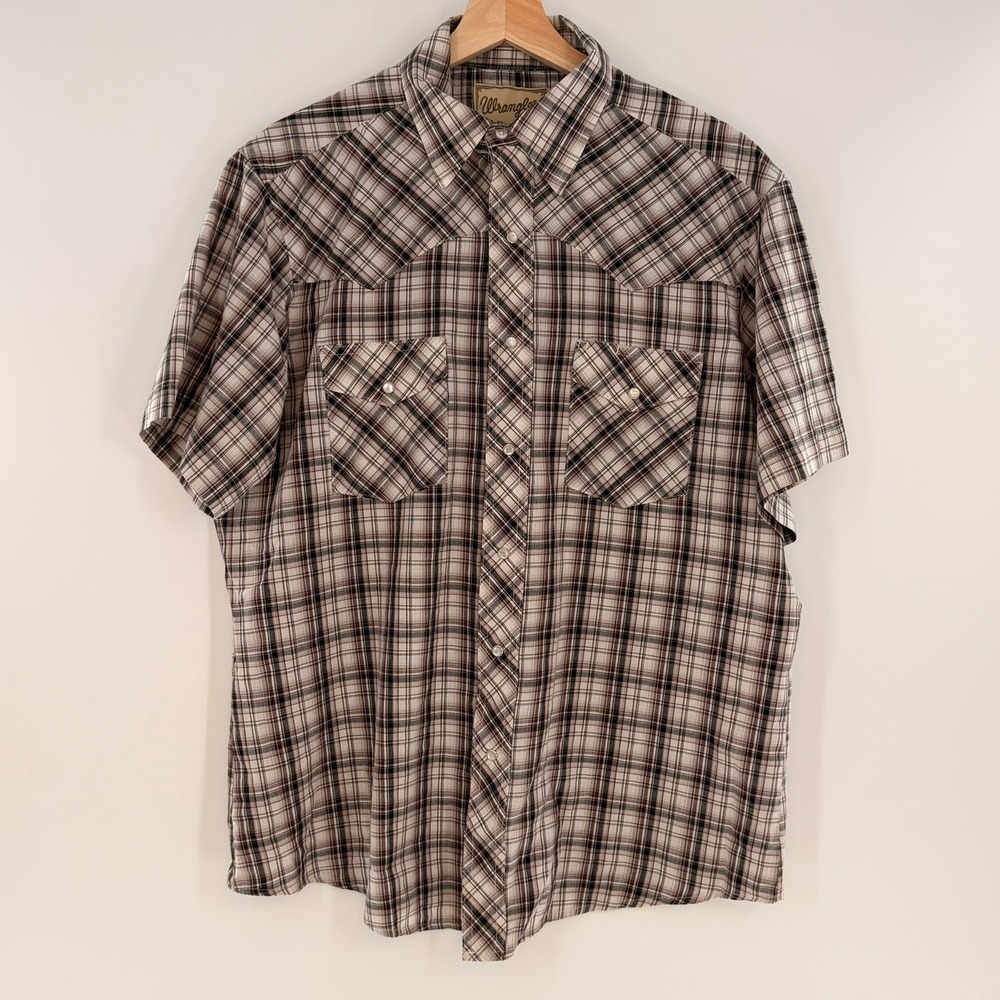 Wrangler Western Fashion Plaid Snap Shirt Maroon Cream Black Large